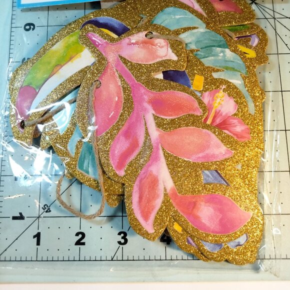 Tropical Flamingo Toucan Banner 7 Ft Glitter Gold Pink Blue - Picture 2 of 7